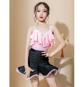 Girls pink with black ruffles latin ballroom dance dresses kids modern dance ruffles stage performance dancing skirts for girls